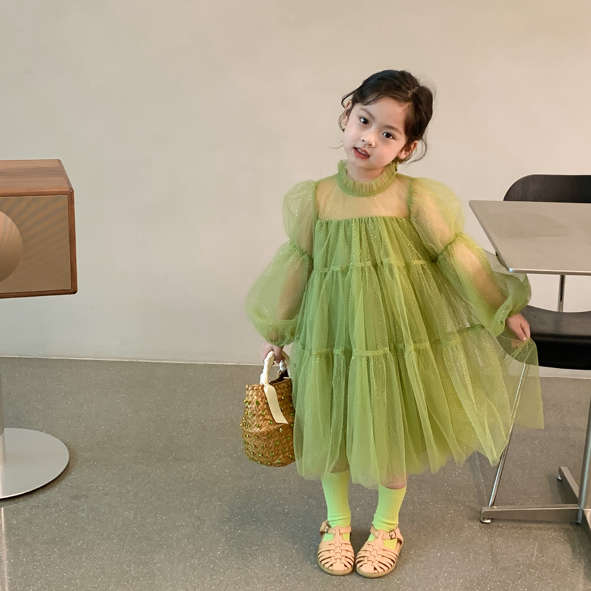 1593C Girl Dress Spring 2022 New Children’s Clothes Korean Girl’s Princess Frock Dress Fluffy Gauze 2-9Year Girl’s Sweet Dress alx