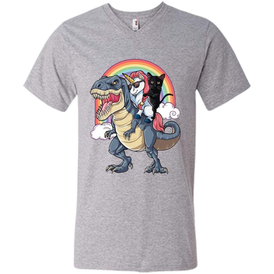 Unicorn and Black Cat Riding Dinosaur Rainbow – Canvas Unisex V-Neck Shirt