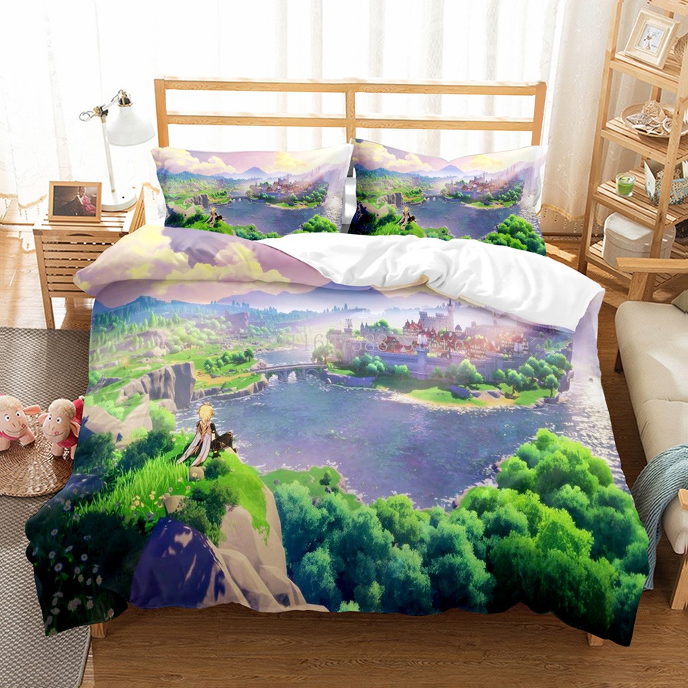 Cartoon Bedding Set Genshin Impact Anime Game 3D Duvet Covers Comforter Bed For Teens Home Decor Bedclothes