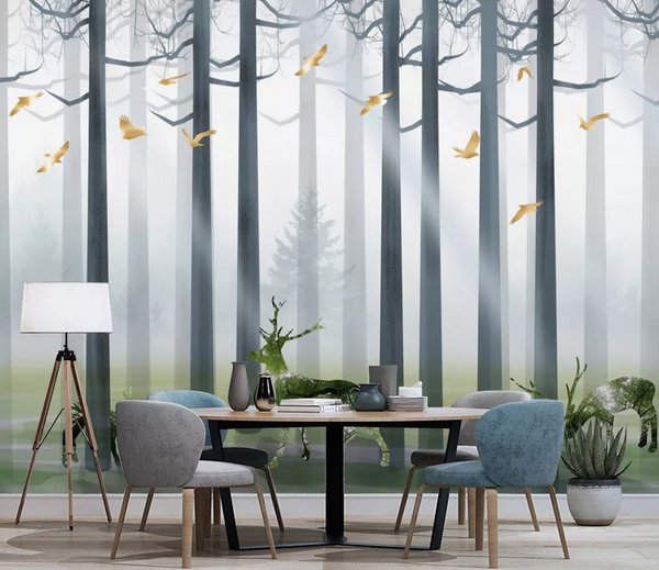 3D Foggy Forest Animal Elk Wall Mural Wallpaper Lqh 315