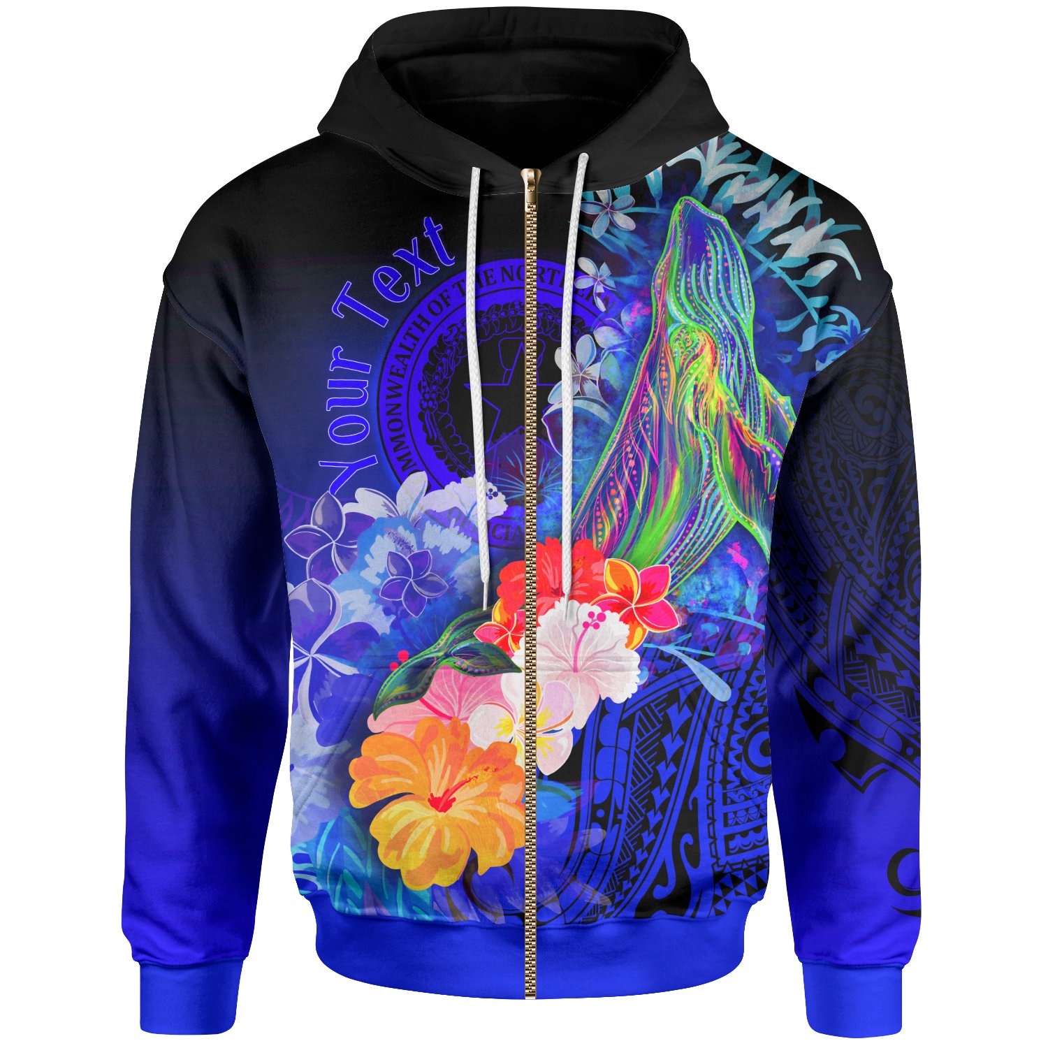 CNMI Custom Personalised  Zip-up Hoodie – Humpback Whale with Tropical Flowers (Blue) – BN18