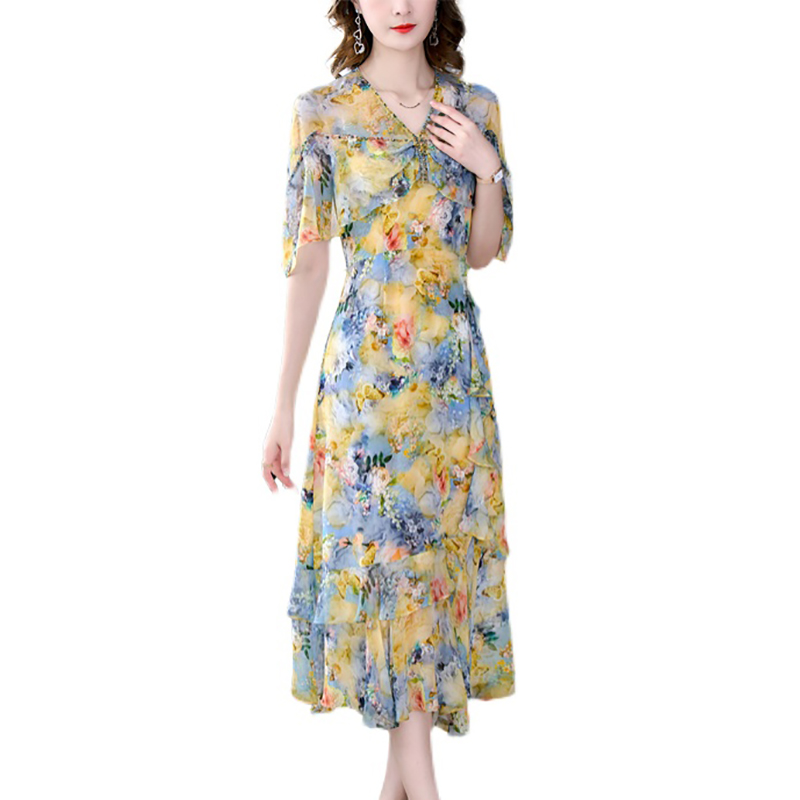 Women Floral Natural Silk Flying Sleeve Midi Dress Summer Beach Style Vacation Dress 2022 Korean Fashion Evening Party Vestidos alx