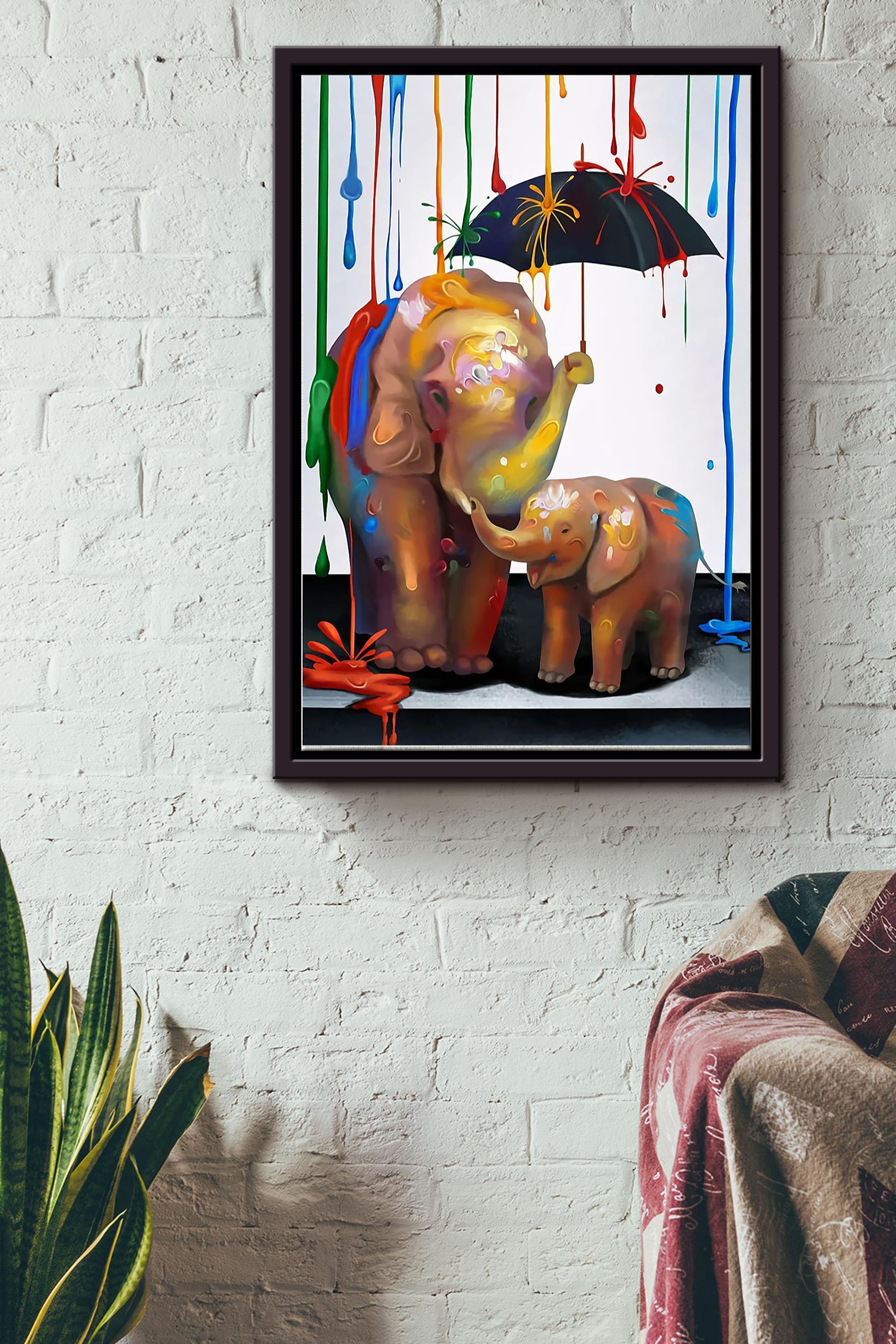 Mother Elephant And Child In A Colorful Rain Poster Poster