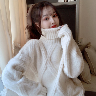 Turtleneck Knitted Sweater Women Solid Autumn Winter Korean Wild Sweet Female Pullovers Knitwear Loose Ladies Tops Tide H1679 alx