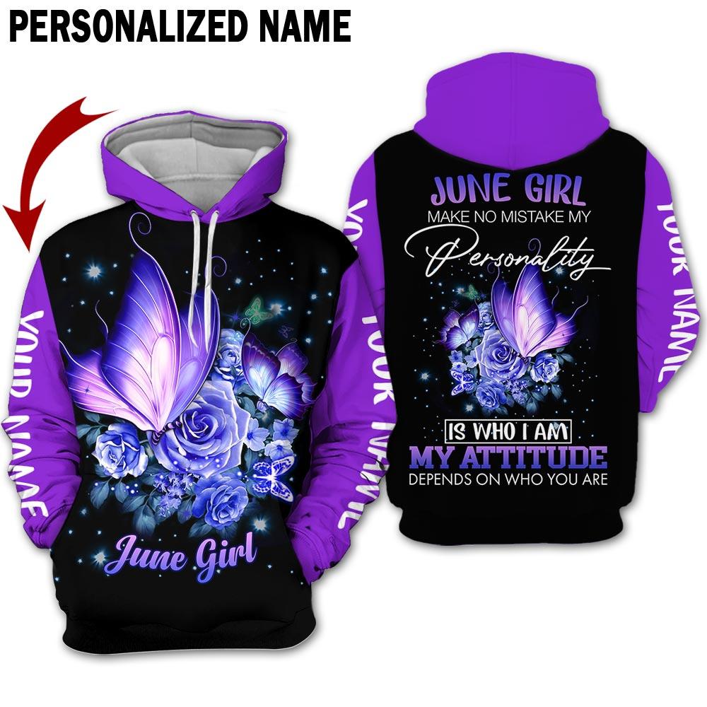 Butterfly Flower June Girl Custom Name Hoodies Sweater Printed For Men And Women