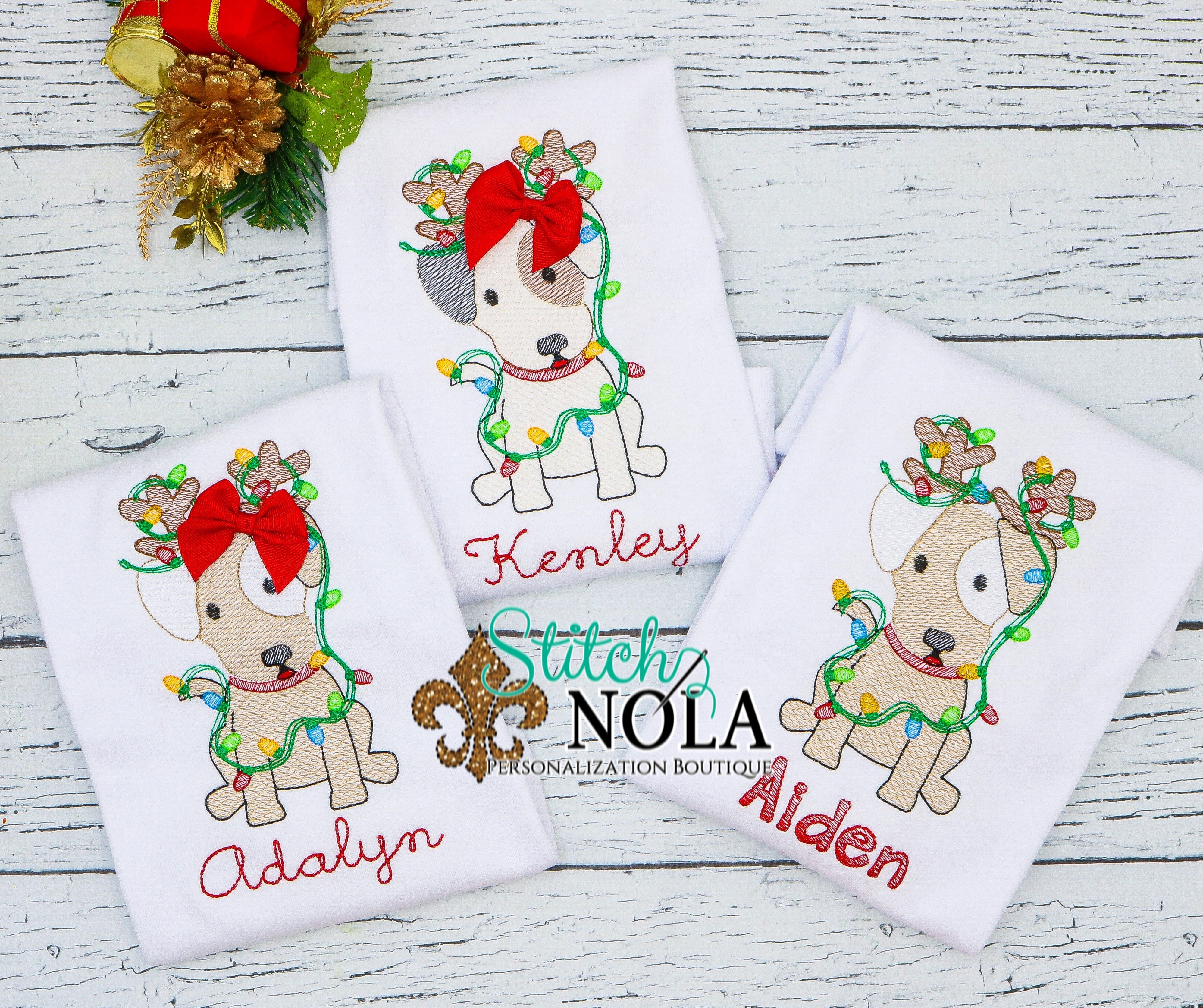 Personalized Christmas Puppy With Antlers & Lights Sketch Shirt