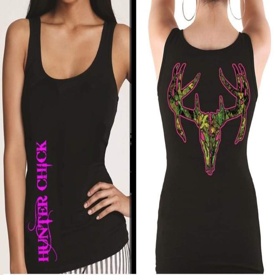 Country Life Outfitters Hunter Chick Black & Pink Camo Realtree Deer Skull Head Hunt Vintage Bright Fitted Tank Top Shirt