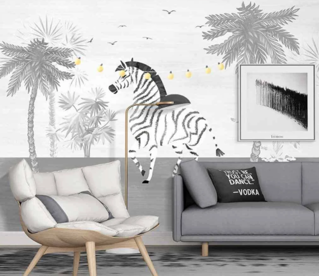 3D Cartoon Grey Tree Plant Zebra Animal Cloud Wall Mural Wallpaper Lxl