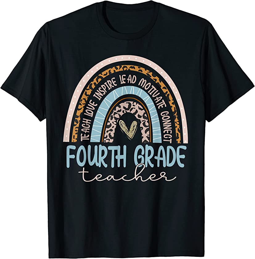 Womens Fourth Grade Teacher Leopard Rainbow T-Shirt