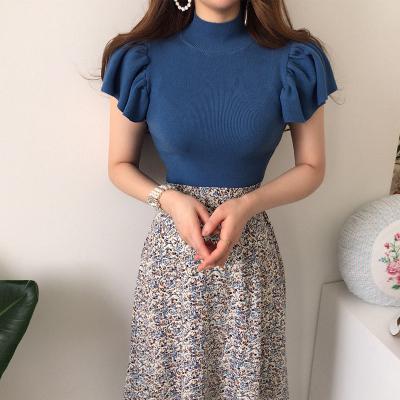 2022 Summer Korean Fashion Two Piece Skirt Sets Women Blue Knitted Tops + Elastic Waist Printed Long Skirt Vintage Elegant Suits alx