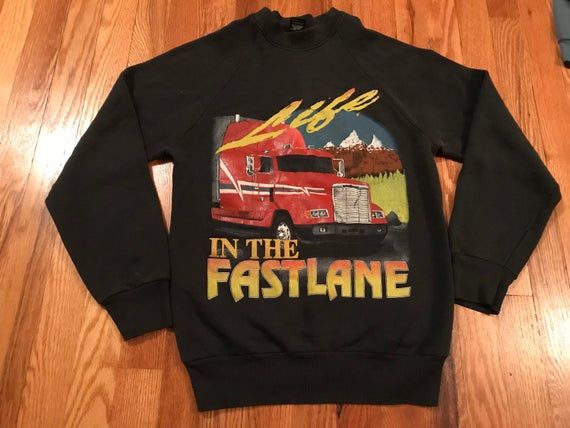 80s Trucker � �Life in the Fast Lane� � vintage crewneck sweater sweatshirt roadside stop driver americana 3d emblem made in the USA hipster 90s