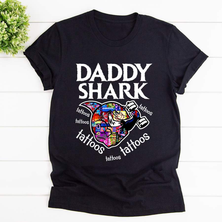 Daddy shark cute funny tattoo black cotton t shirt for men and women S-6XL