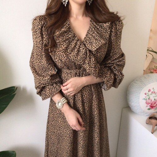 Ruffles Leopard Long Sleeve V Neck Kroean Fashion  Dresses