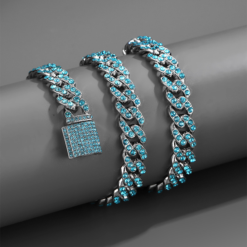 9/11/15MM Bling Iced Out Blue Vintage Crystal Cuban Link Chain Necklace for Men Rock Punk Hip Hop Miami Cuban Choker Jewelry alx