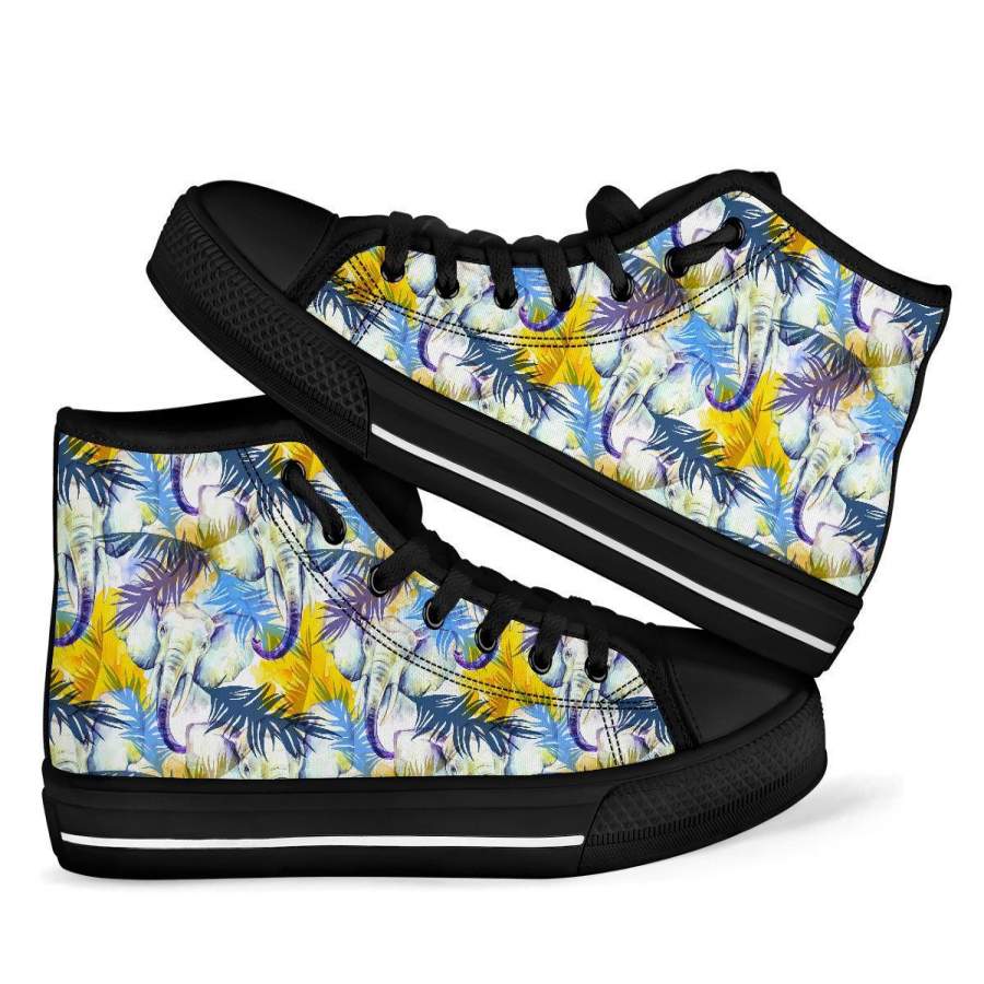 Tropical Palm Leave Elephant Print Men Women’s High Top Shoes