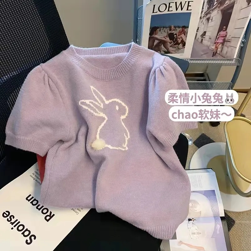 Korean Sweet Cute Bunny Print O-neck Pullover Sweater Women Casual ​loose Short Sleeve Women Sweater Summer Slim Preppy Style To alx