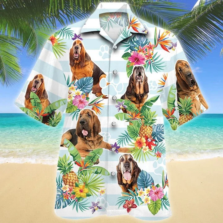 Blue Stripesd Bloodhound Dog Tropical Flower Hawaii Shirt Ha93505