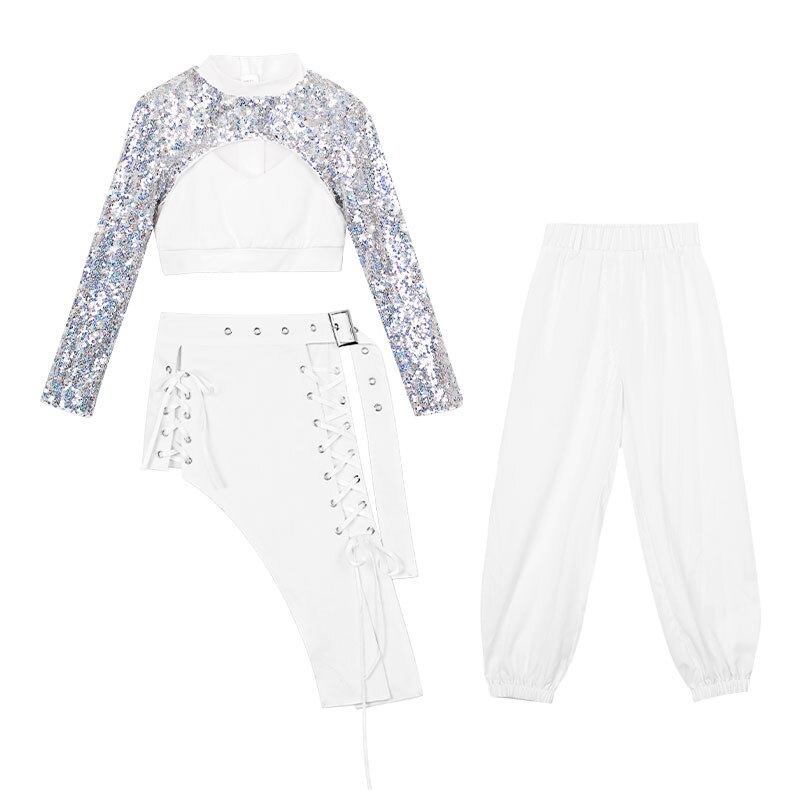 2022 Modern Street Dance Stage Performance Costumes Girls Sequin Tops White Fashion Suit Kids Jazz Child Hip Hop dance Clothing alx