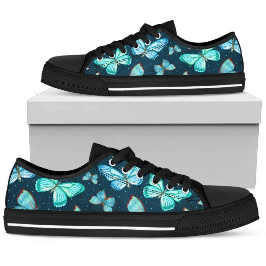 Watercolor Blue Butterfly Pattern Print Women’s Low Top Shoes