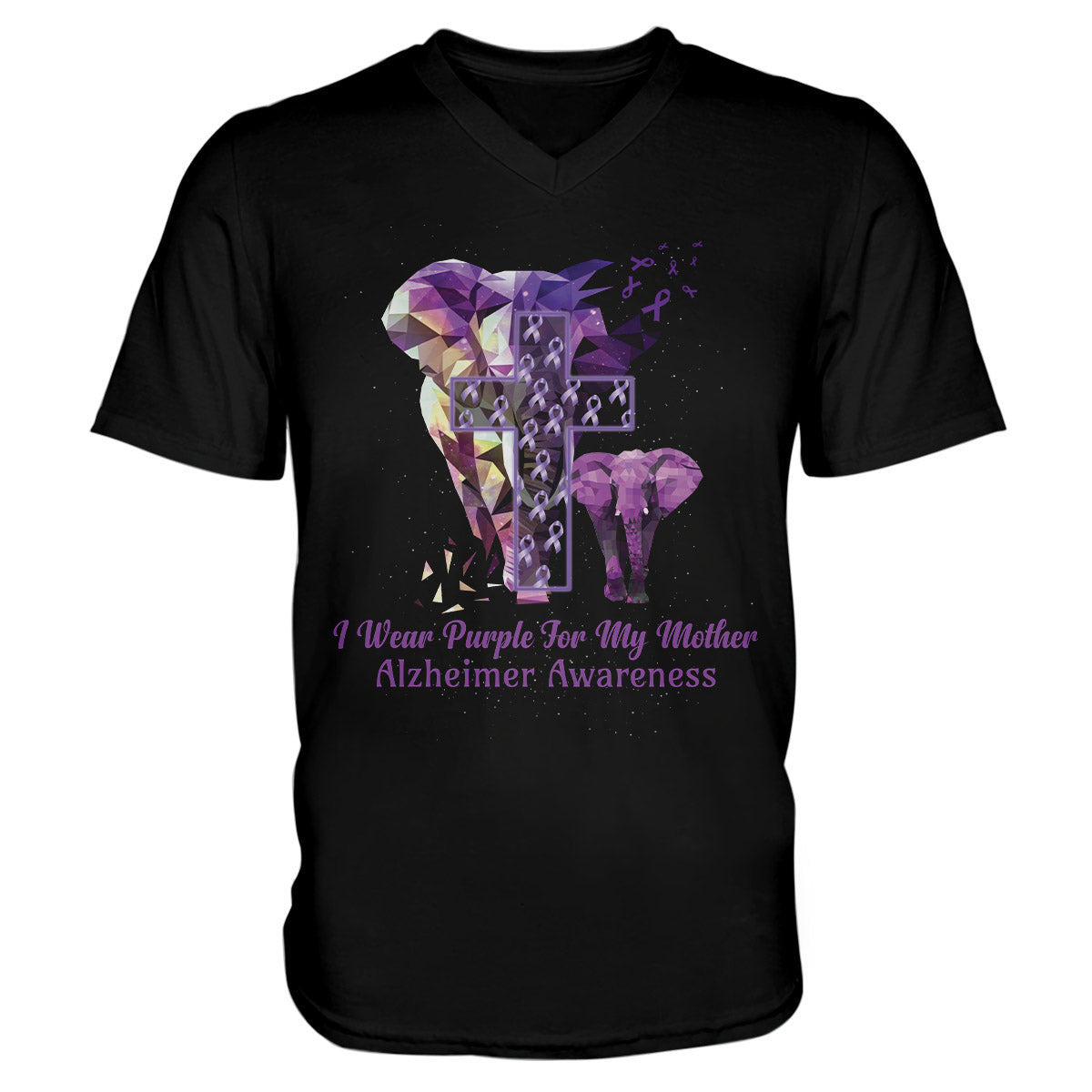 I Wear Purple For My Mother Alzheimer Awareness, Elephant Awareness Ribbon Unisex V-Neck T-Shirt