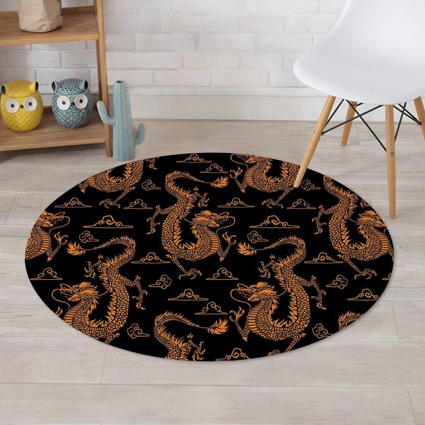 Gold Janpanese Dragon Print Round Rug