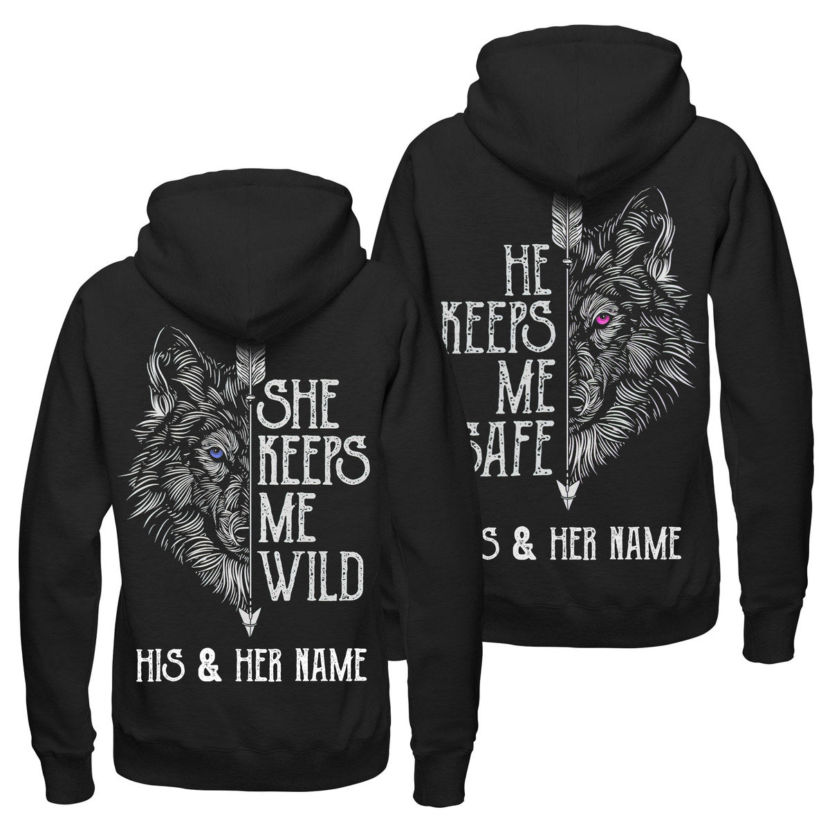 Personalized She Keeps Me Wild He Keeps Me Safe Hoodie, His And Hers Sweatshirts, Wolf Couple Hoodie, Matching Couple Hoodies, Valentine’S Day Outfit