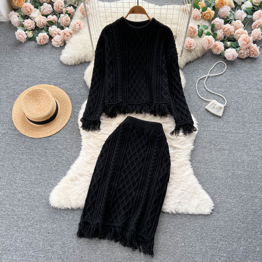 SINGREINY Tassel Casual Two Piece Knitted Sets Long Sleeve O Neck Pullover Midi Skirt Ladies Solid Korean Winter Sweater Suits alx