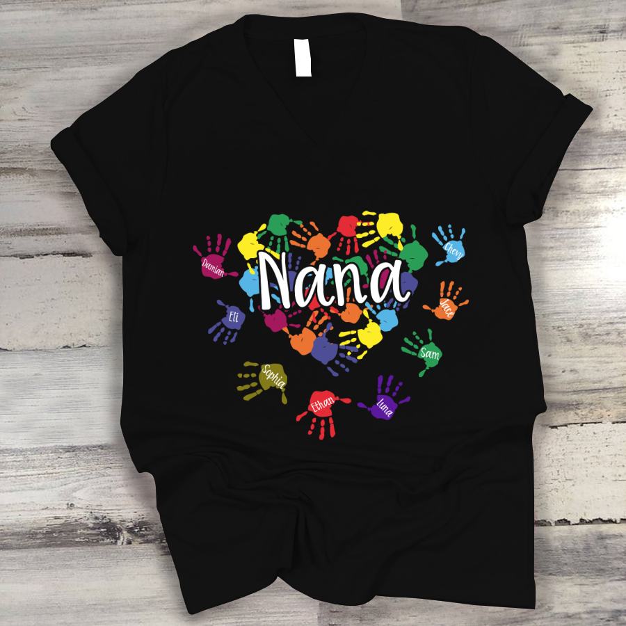 Nana And Grandkids Heart Colorful Hands V-Neck