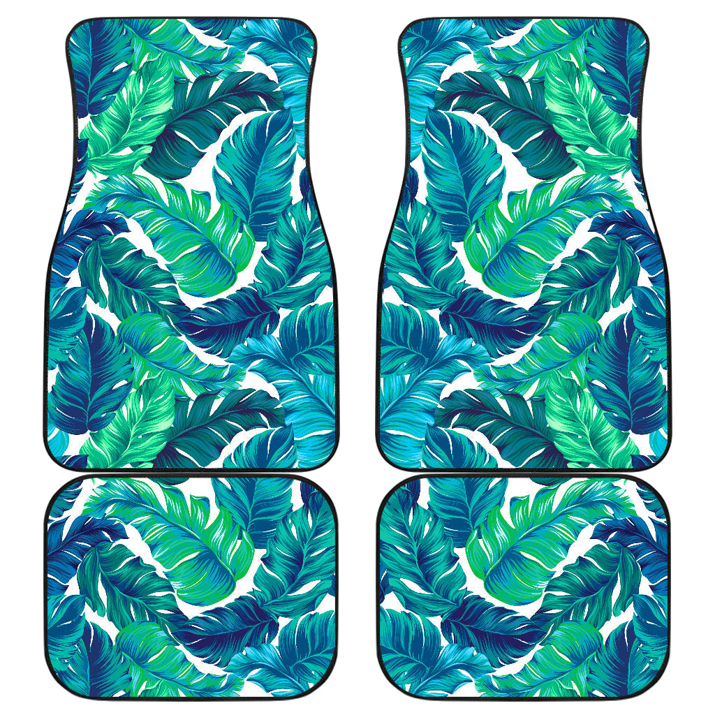 Teal Tropical Leaf Pattern Print Front And Back Car Floor Mats, Front Car Mat