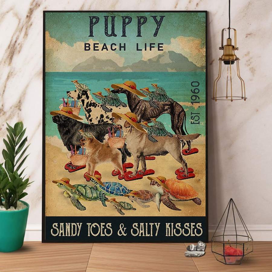 Dog And Turtles Puppy Beach Life Sandy Toes & Salty Kisses Paper Poster No Frame/ Wrapped Canvas Wall Decor Full Size