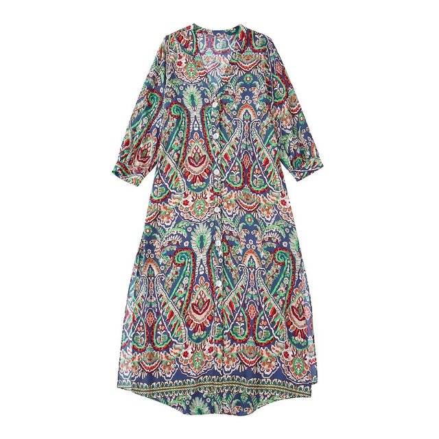 Women Fashion Front Button Printed Midi Dress Vintage V Neck Three Quarter Sleeves Female Dresses Vestidos Mujer alx