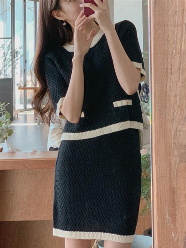 Summer Knitted Two Piece Set Women Hollow Jacquard Pullover Sweater Tops + Skirt Suits Knitwear Casual Skirt Sets alx