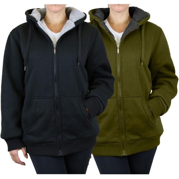 Women’s Heavyweight Loose-Fit Sherpa Fleece-Lined Zip Hoodie – 2 Pack