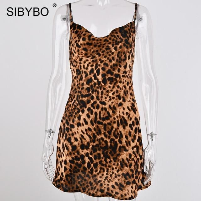 Sibybo Leopard Print Spaghetti Strap Sexy Dress Women Autumn Sleeveless V-Neck Loose Mini Bodycon Dress Backless Casual Dress