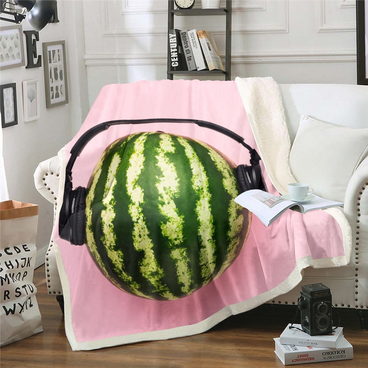 Watermelon Bed Throws for Kids Boys Teens, Fresh Watermelon with Headset Decor Flannel Fleece Blanket Fruit Theme Throw Blanket for Couch Sofa,Baby Throw Twin Queen