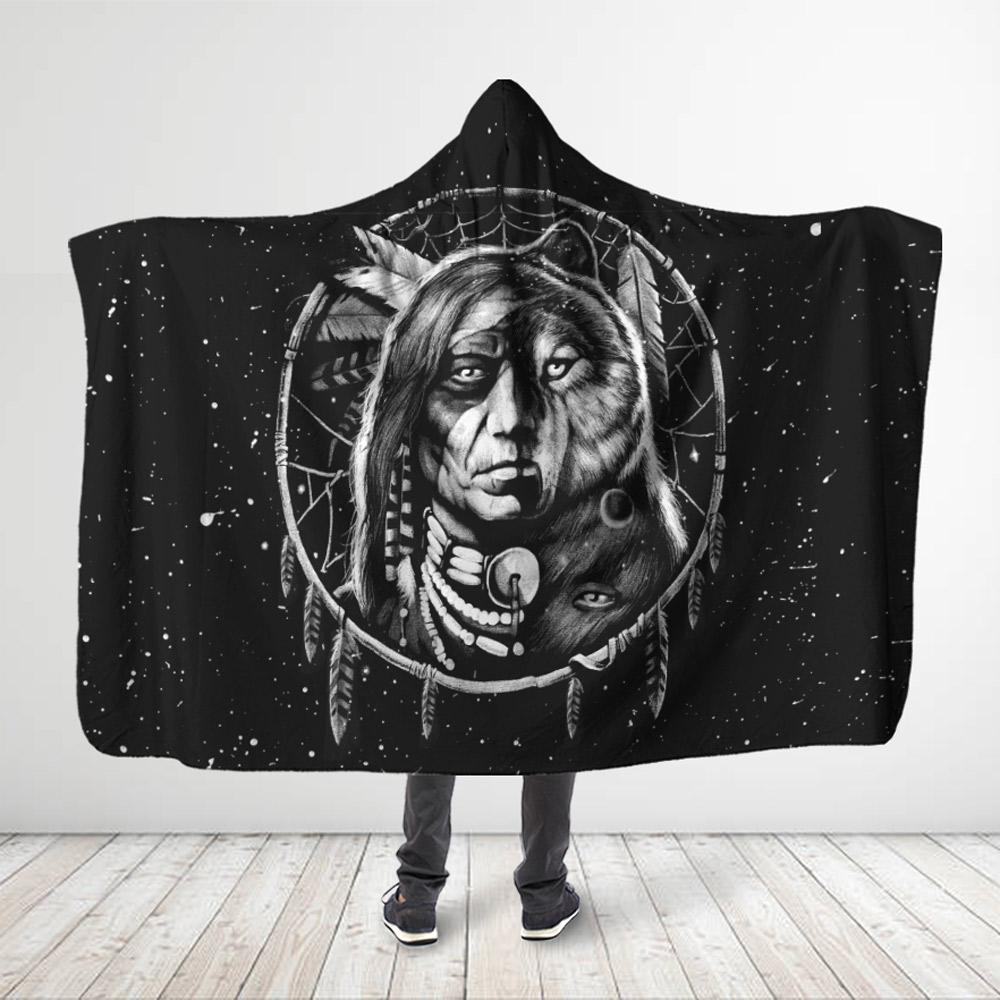 ViticStore™ 3D All Over Printed Aborigine And Drak Gray Wolf – Black Hooded Blanket