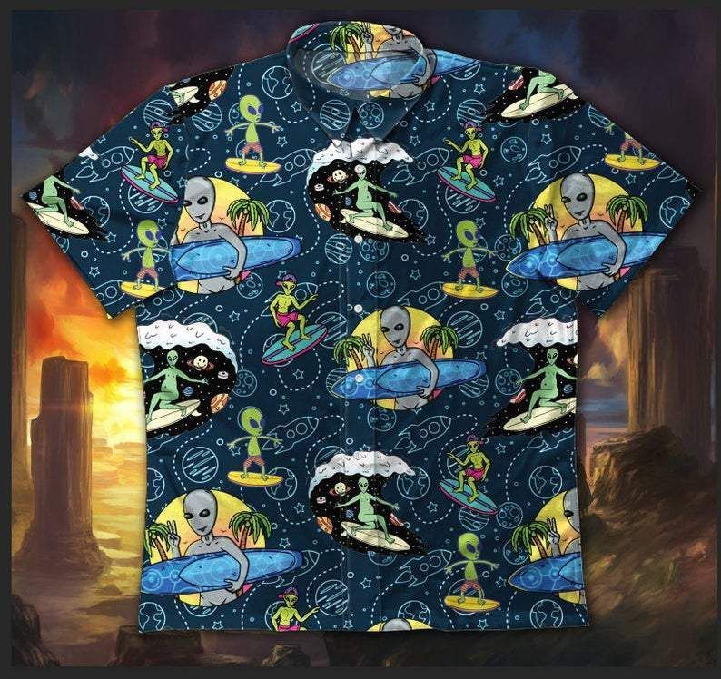 Buy Alien Surfing Button Funny Unisex Hawaii Aloha Shirt V Ha108153