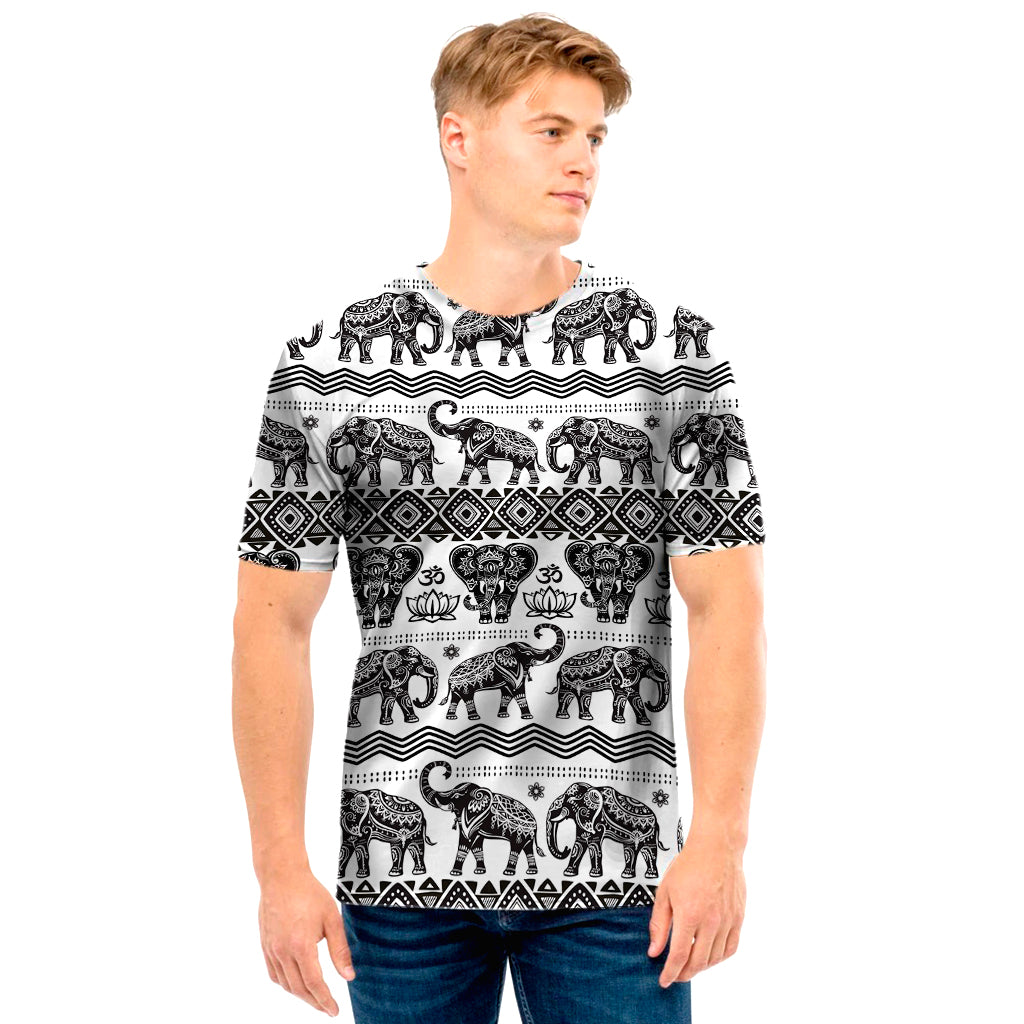 White And Black Indian Elephant Print Men’S T-Shirt