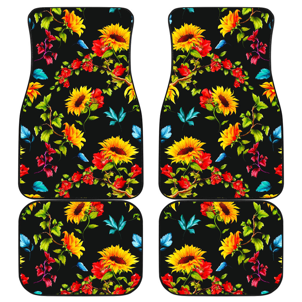 Sunflower Floral Pattern Print Front And Back Car Floor Mats, Front Car Mat