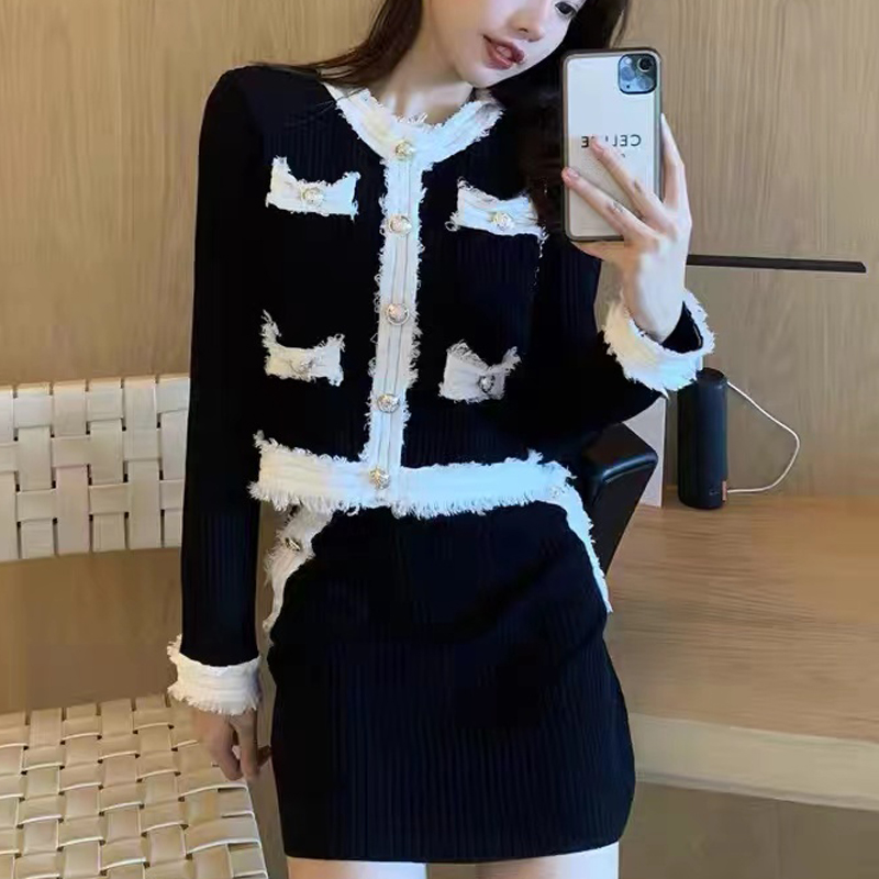 V-Neck Temperament Women’S Spring New Comfortable Button Long-Sleeved Fashion Solid Color Sweater Beautiful Skirt Two-Piece Set alx