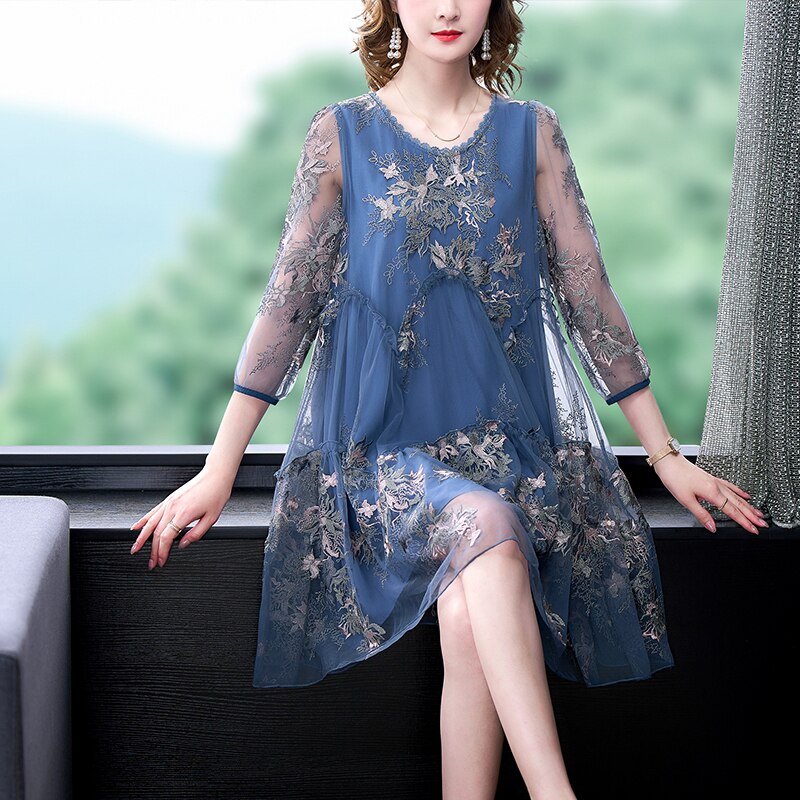 2022 Summer Short Sleeve Crew Neck Embroidered Blue Dress Vintage 5XL Plus Size Casual Dress Elegant Bodycon Party Vestidos alx