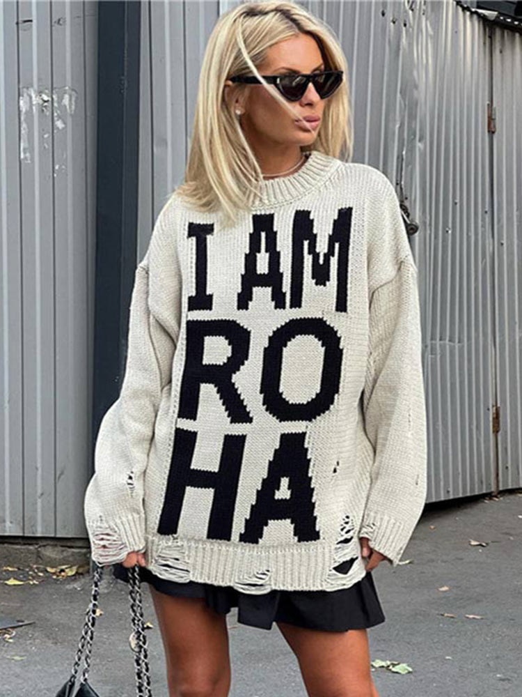 Women Hollow Out O-Neck Knitted Pullovers Hem Hole Broken Letter Printed Jumper 2022 Autumn Winter Warm Ladies Oversized Sweater alx