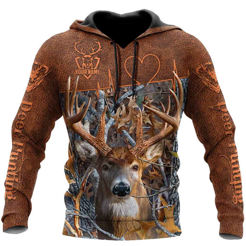 Custom Deer Hunting Hoodie With Name, 3D Full Print Deer Hunting Brown Leather Pattern Hunter Hoodies