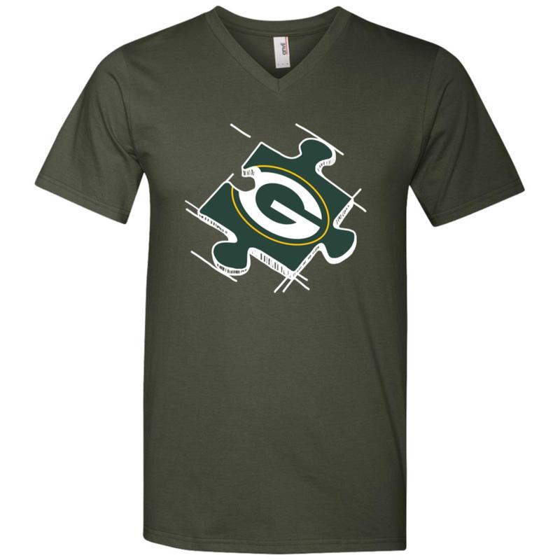 Green Bay Packers Autism Puzzle Piece V-Neck T-Shirt