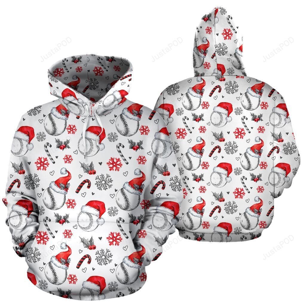 Softball Xmas Hat And Candy Cane Pattern 3D All Over Print Hoodie, Zip-Up Hoodie