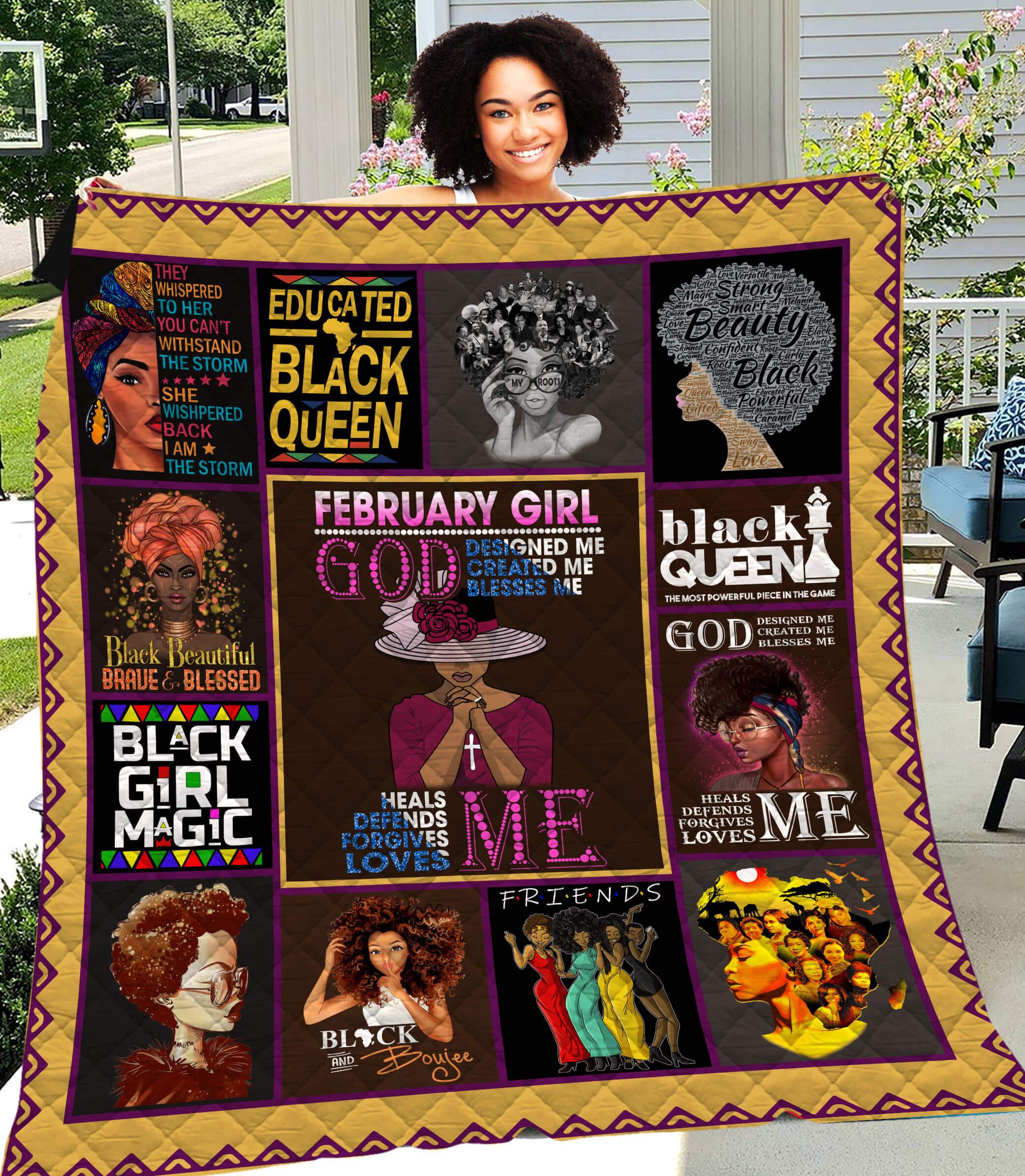 February Girl God Designed Created Blesses Me Black Queen Quilt for Men Women Boys Girls Kids