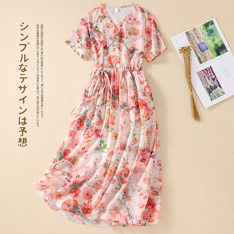 2022 New Arrival V-neck Thin Soft Loose Cozy Summer Dress Print Floral Draw String Office Lady Work Dress Women Casual Dress alx