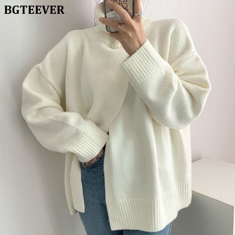 BGTEEVER Elegant Solid Turtleneck Sweaters for Women Casual Long Sleeve Front Split Female Knitted Pullovers 2021 Autumn Winter alx