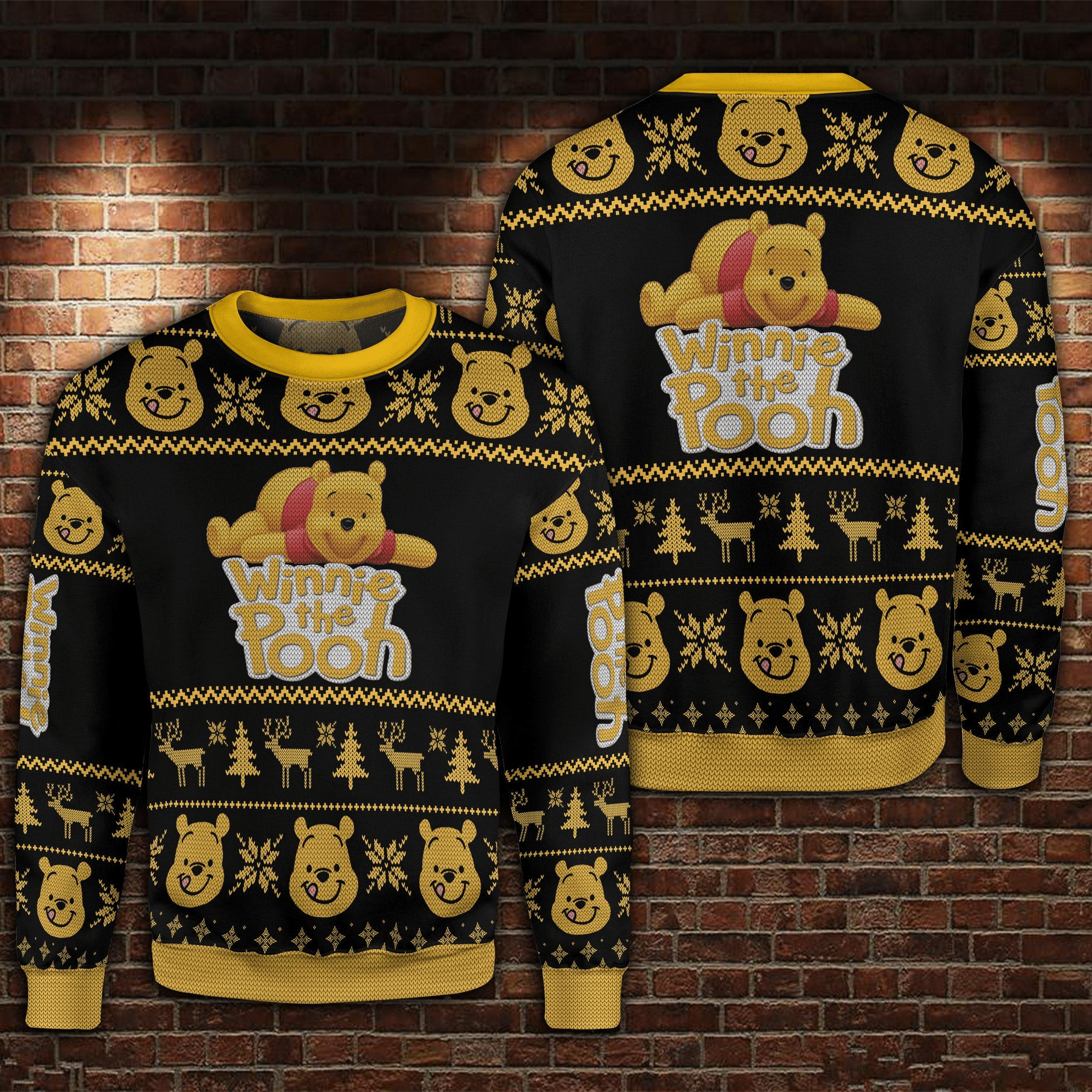 Unifinz Dn Chrsitmas Ugly Sweater Winnie The Pooh Christmas Snowflakes Reindeer Black Yellow Sweater 2022