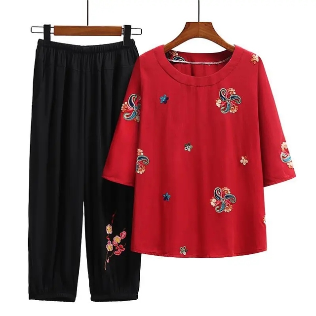 6XL Middle-Aged Elderly Women’s Suits Summer Clothes Three Quarter Sleeves Embroidered T-Shirt Top @ Pants Two Piece Set 2022 alx